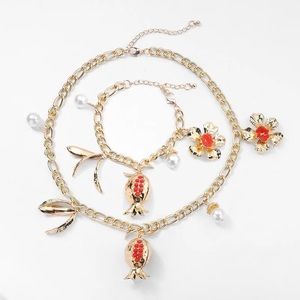 Zara Pomegranate Fruit Multi-Charm Chain Baroque Round Pearls Beads Necklace